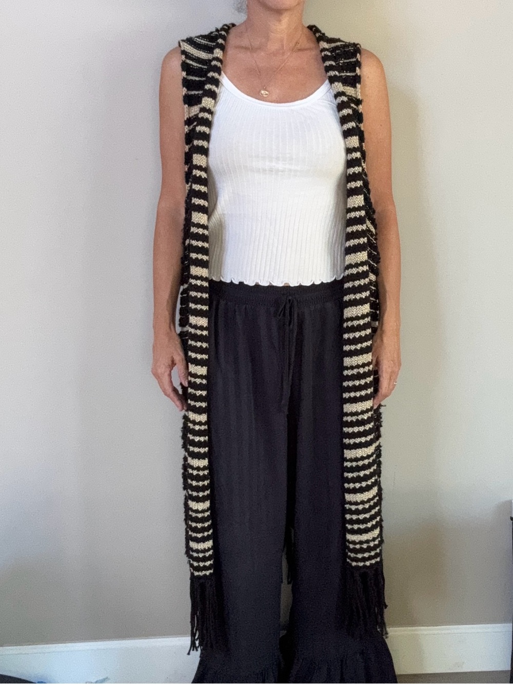Chico’s Black & Gold striped Faron Knit Fringe long open front sweater vest XL 3